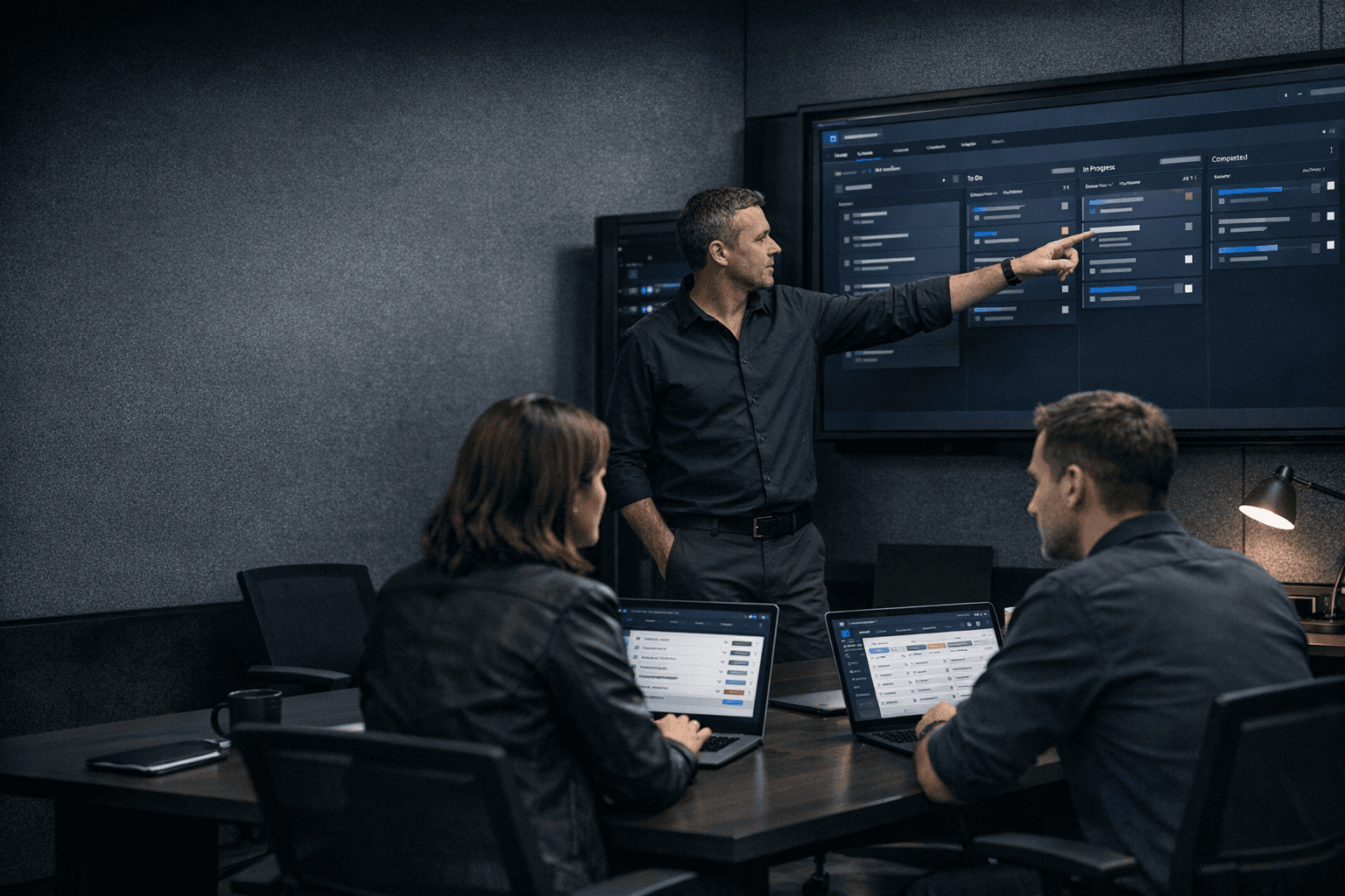 Operations team gathered around a live internal workflow system